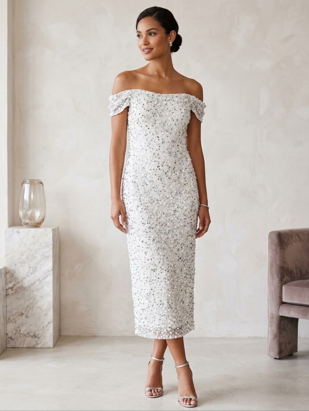 Adrianna Papell Silver-Embellished White Strapless Sequin Dress 14